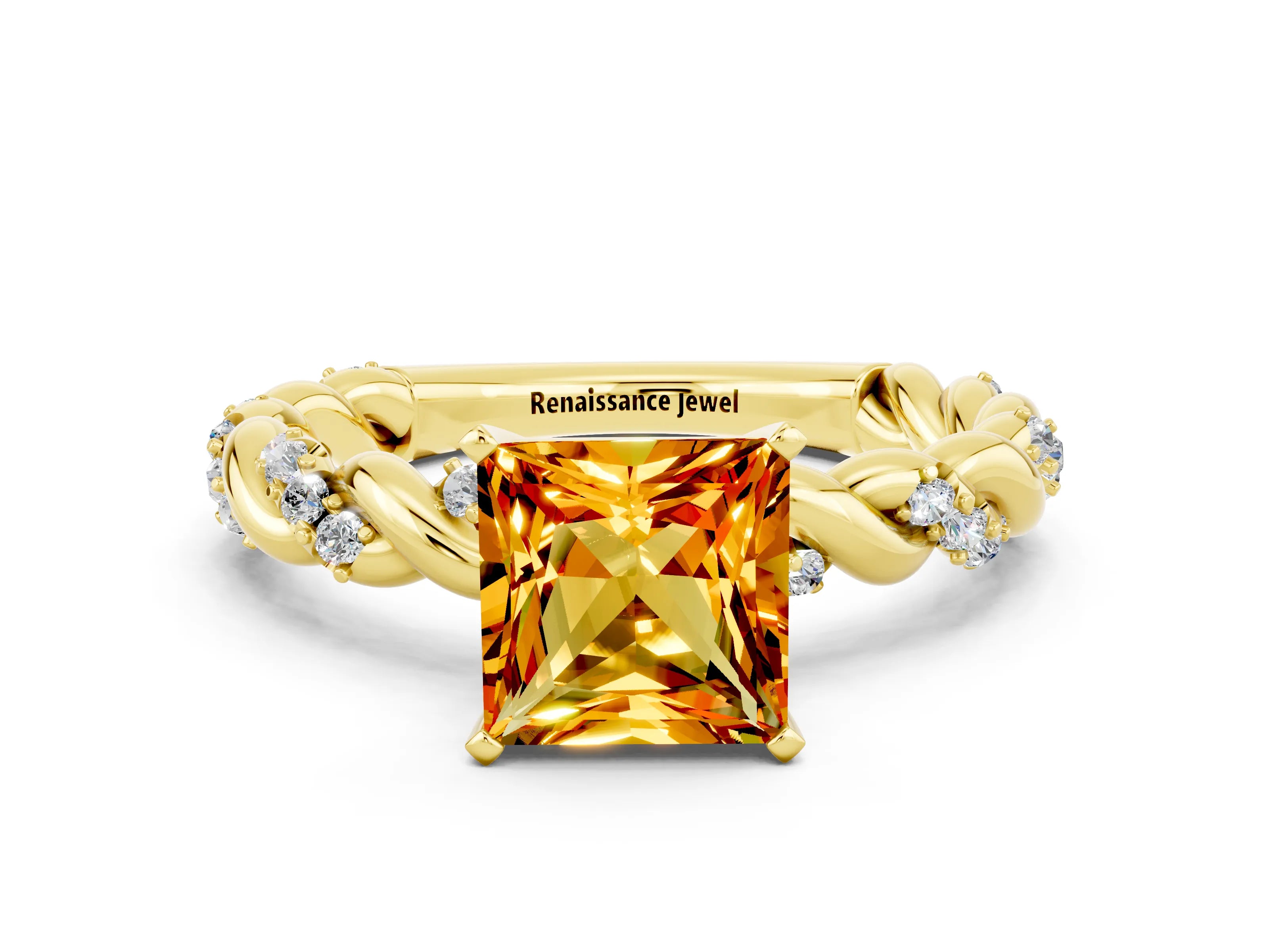 Yellow gold Princess Cut Citrine Solitaire Ring with Twisted Band and Pavé Accents