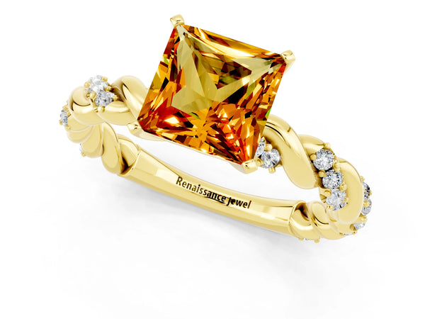 Yellow gold Princess Cut Citrine Solitaire Ring with Twisted Band and Pavé Accents