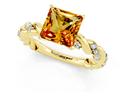 Yellow gold Princess Cut Citrine Solitaire Ring with Twisted Band and Pavé Accents_1