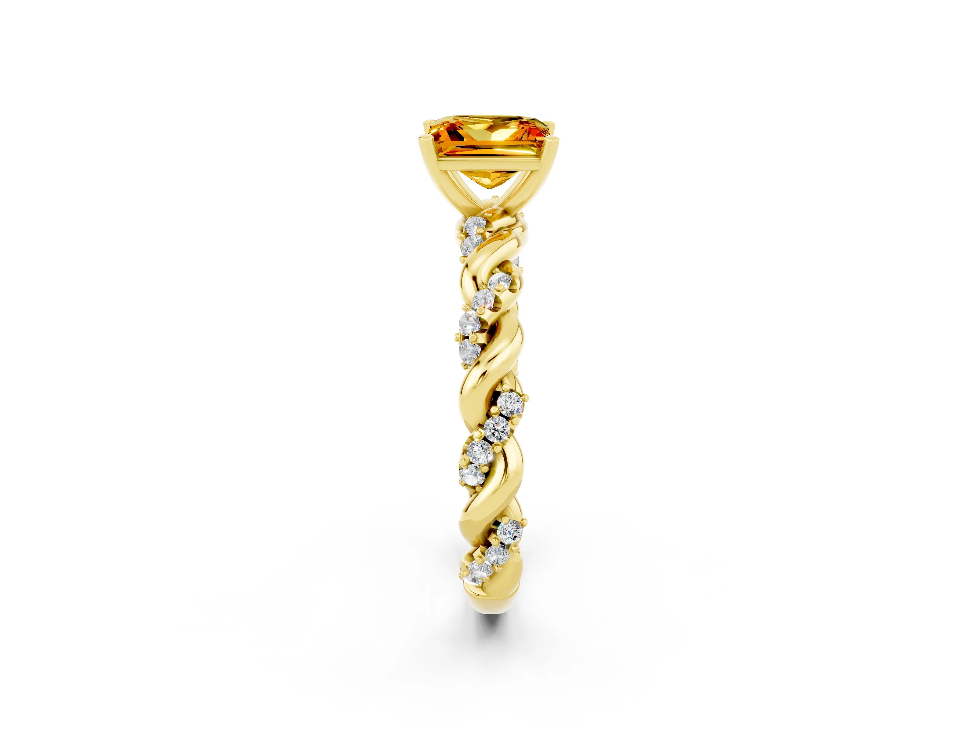 Yellow gold Princess Cut Citrine Solitaire Ring with Twisted Band and Pavé Accents_2