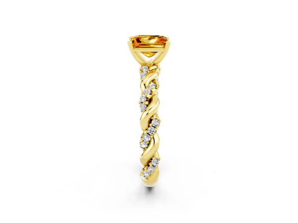 Yellow gold Princess Cut Citrine Solitaire Ring with Twisted Band and Pavé Accents