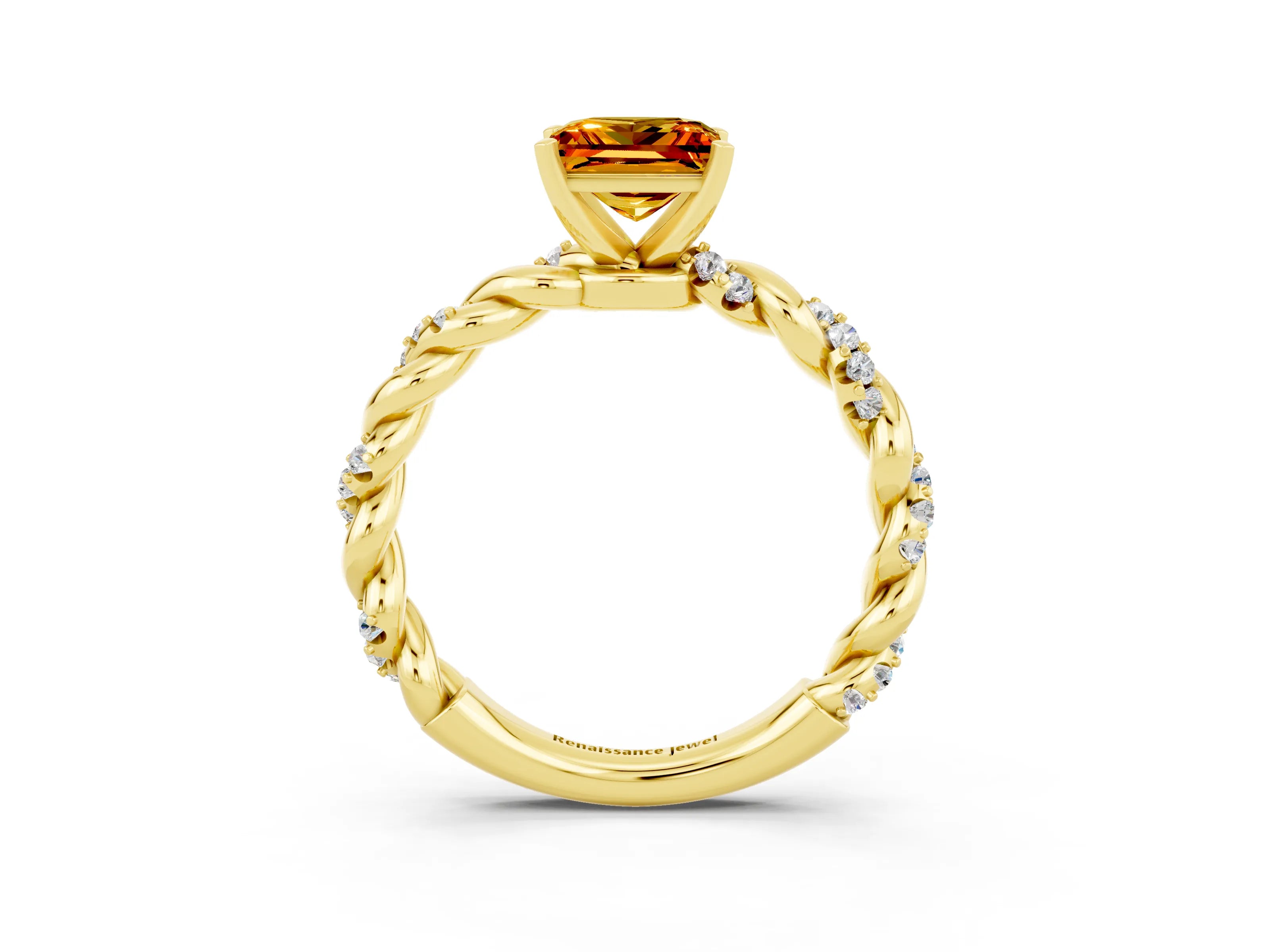 Yellow gold Princess Cut Citrine Solitaire Ring with Twisted Band and Pavé Accents_3