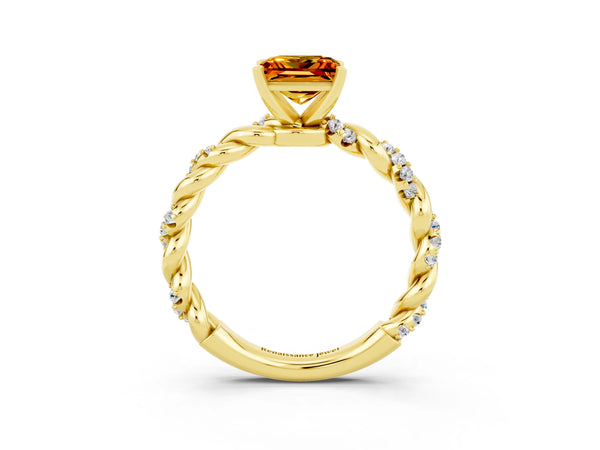 Yellow gold Princess Cut Citrine Solitaire Ring with Twisted Band and Pavé Accents