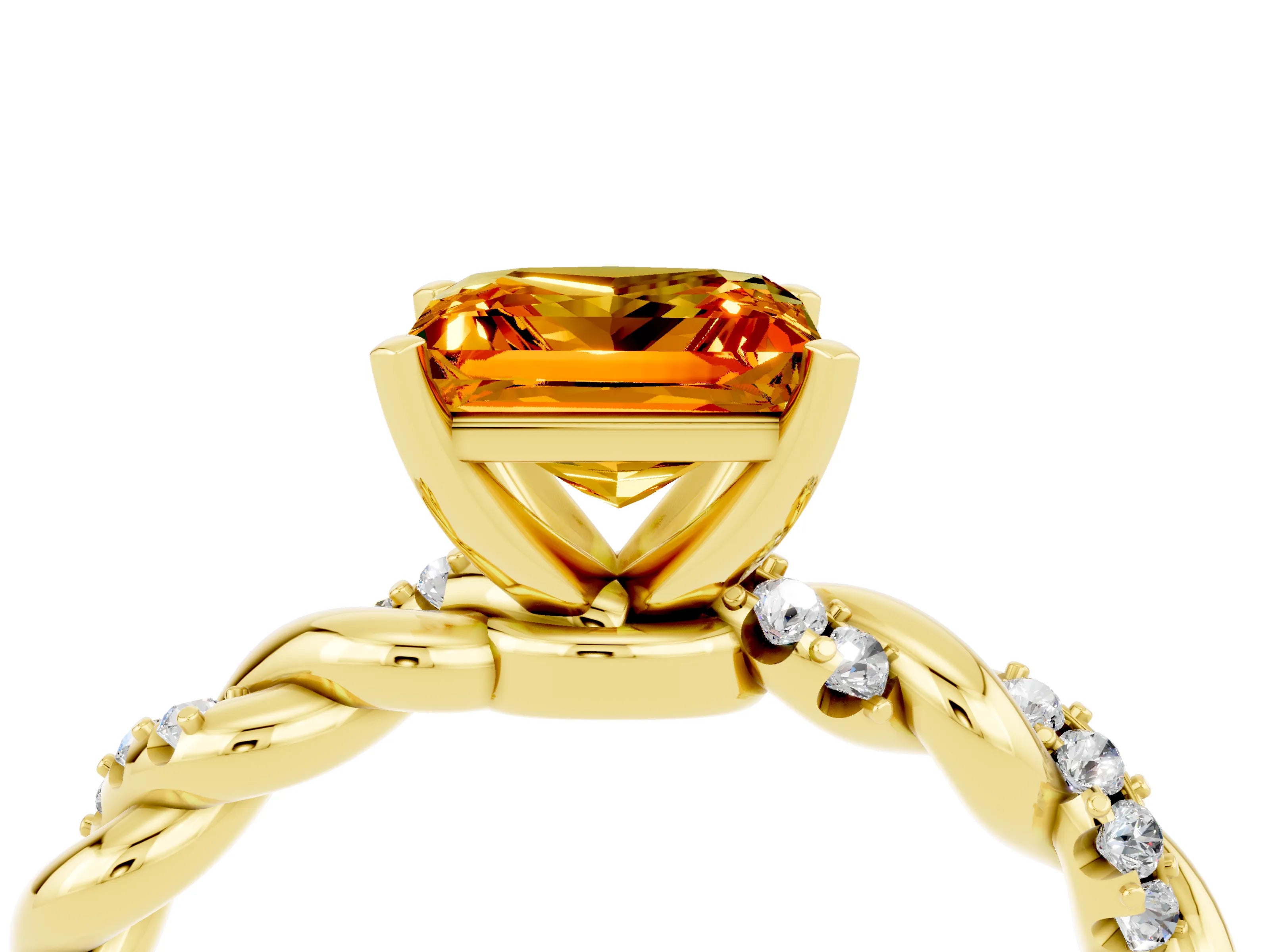 Yellow gold Princess Cut Citrine Solitaire Ring with Twisted Band and Pavé Accents_4
