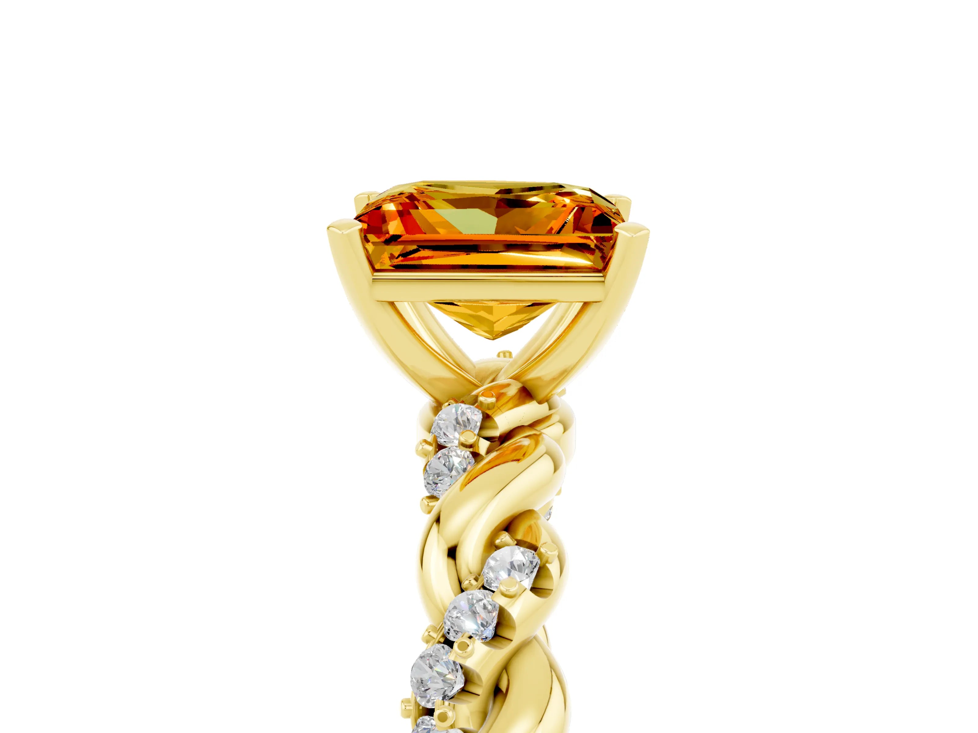 Yellow gold Princess Cut Citrine Solitaire Ring with Twisted Band and Pavé Accents_5