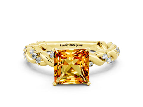 Yellow gold Princess Cut Citrine Solitaire Ring with Twisted Band and Pavé Accents