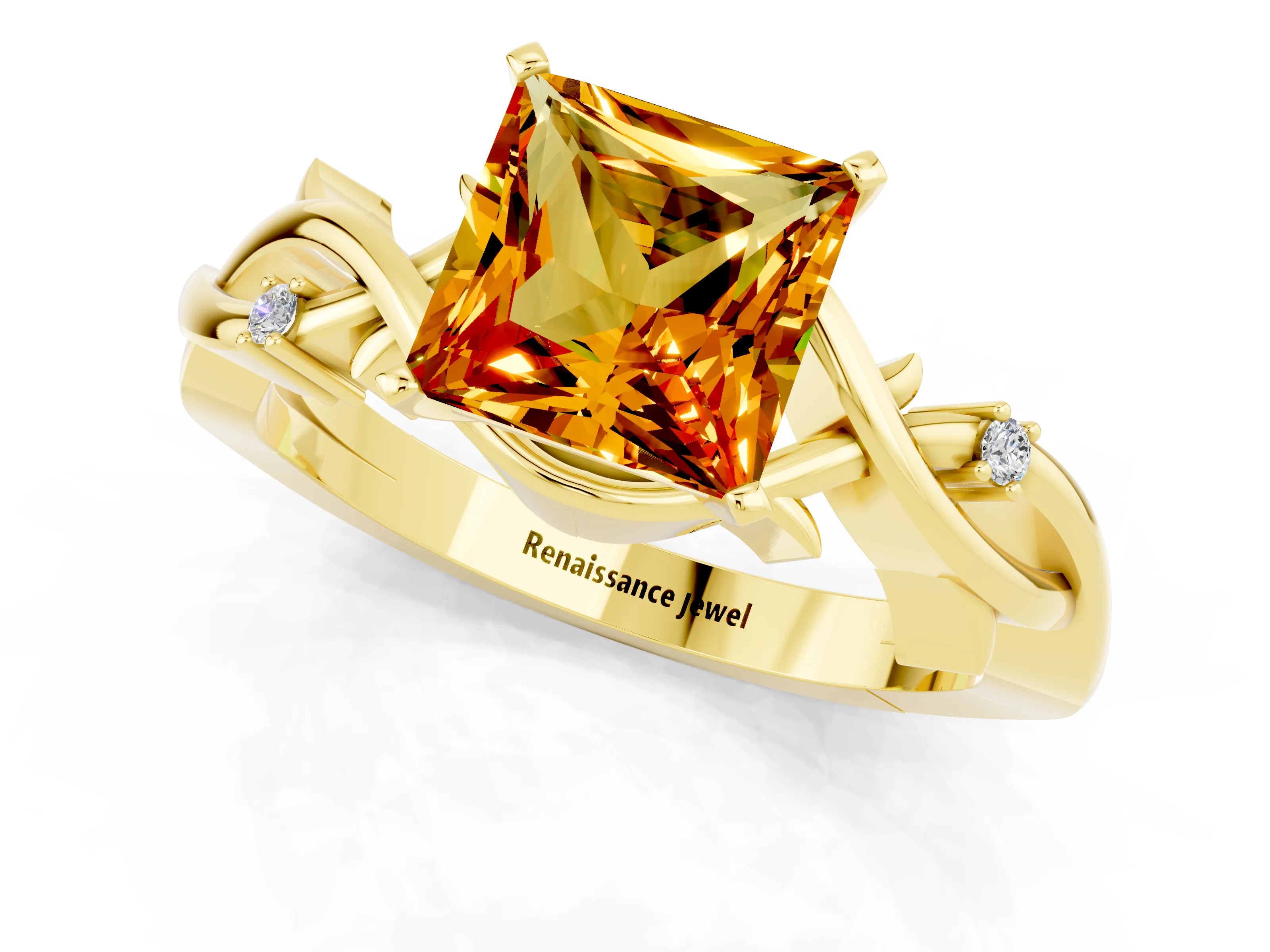 Yellow gold Princess Cut Citrine Solitaire Ring with Twisted Band and Prong Setting_1