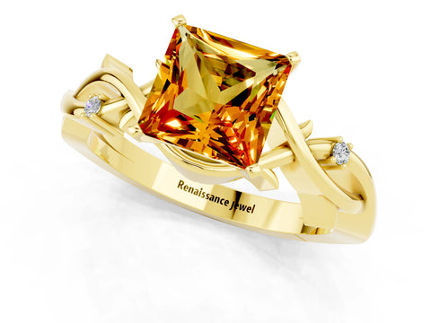 Yellow gold Princess Cut Citrine Solitaire Ring with Twisted Band and Prong Setting_1