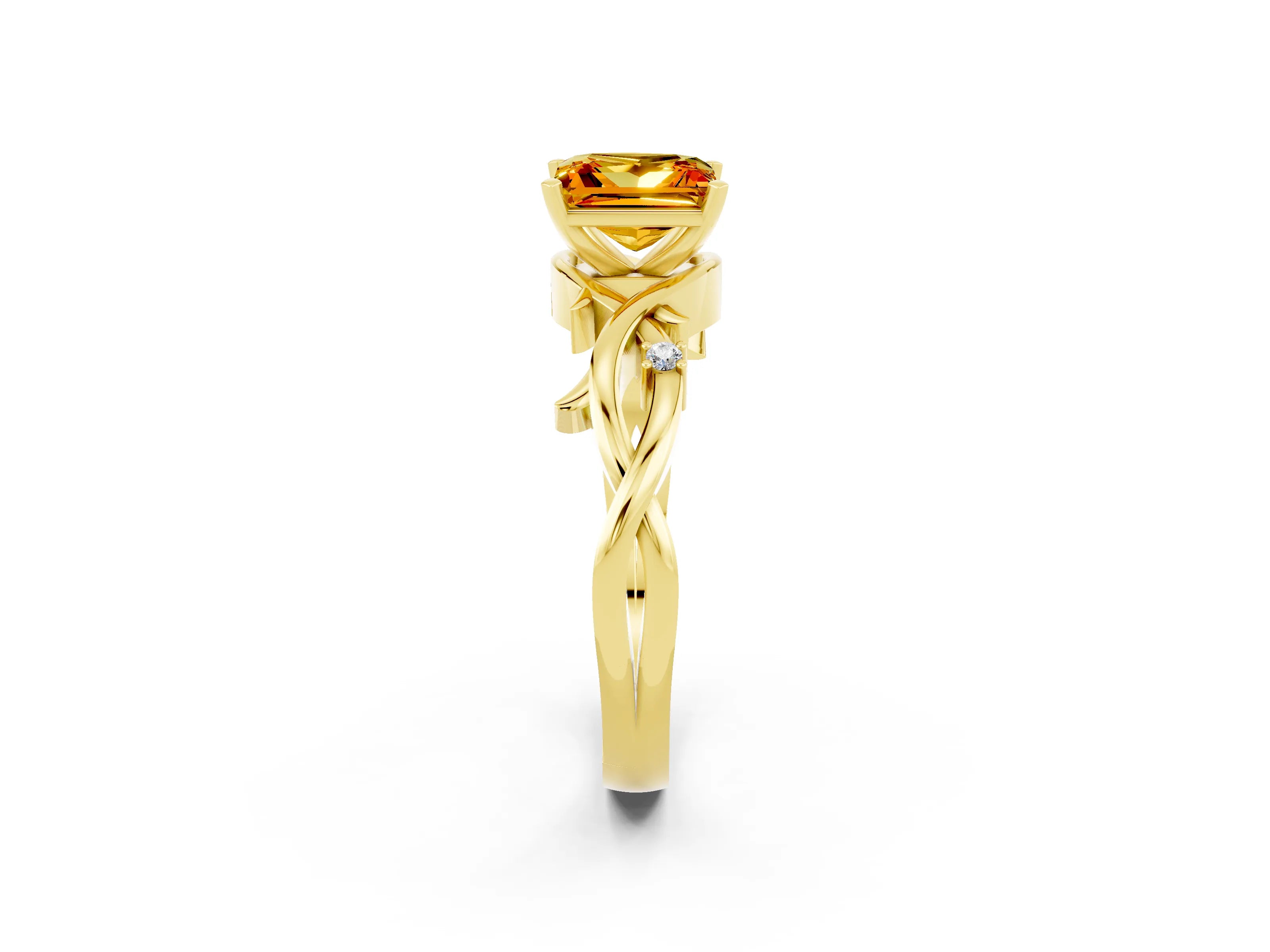 Yellow gold Princess Cut Citrine Solitaire Ring with Twisted Band and Prong Setting_2