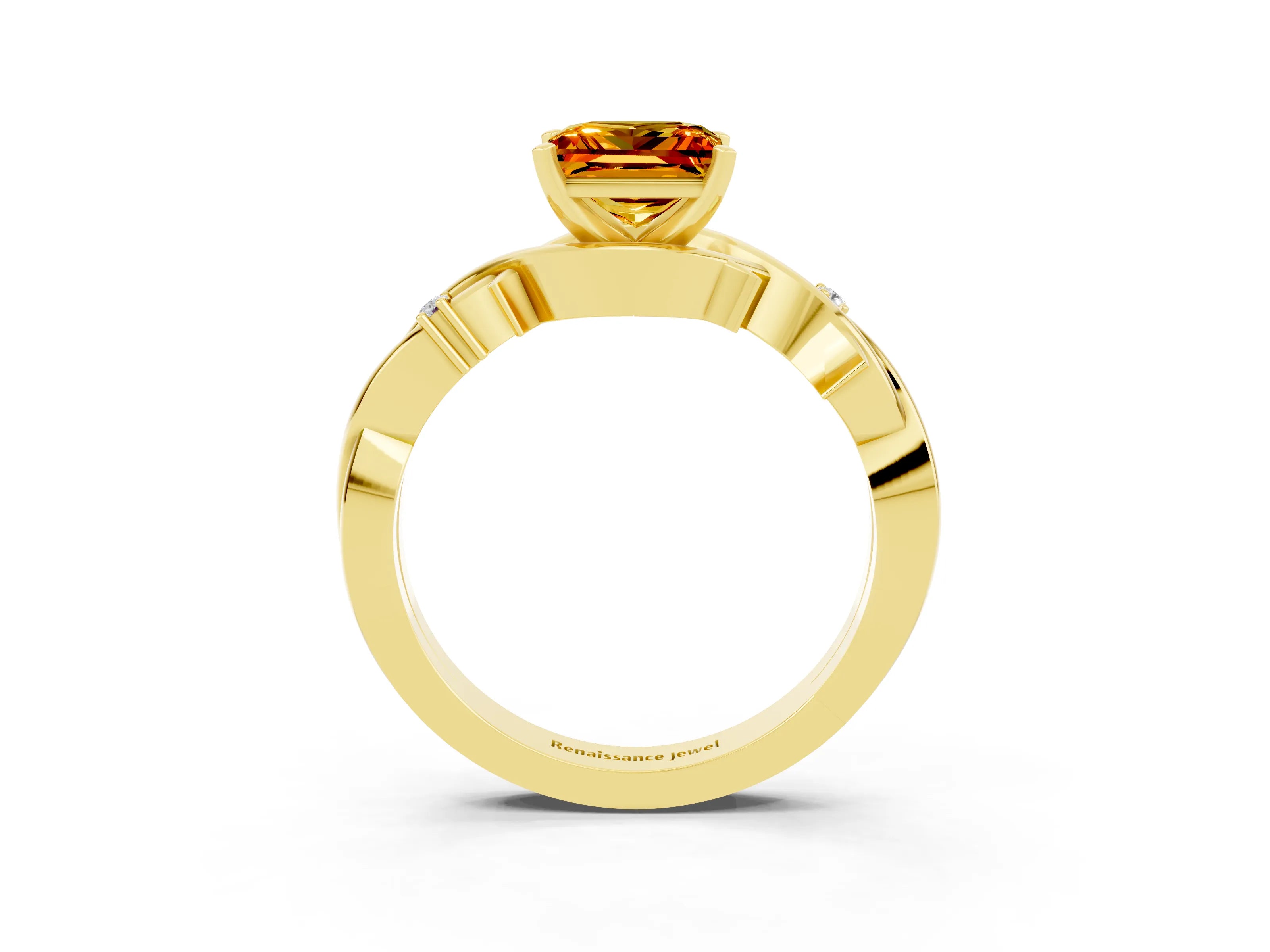 Yellow gold Princess Cut Citrine Solitaire Ring with Twisted Band and Prong Setting_3