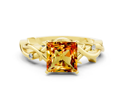 Yellow gold Princess Cut Citrine Solitaire Ring with Twisted Band and Prong Setting