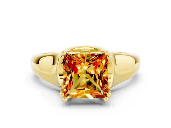 Yellow gold Princess Cut Citrine Solitaire Ring with Wide Band and Prong Setting