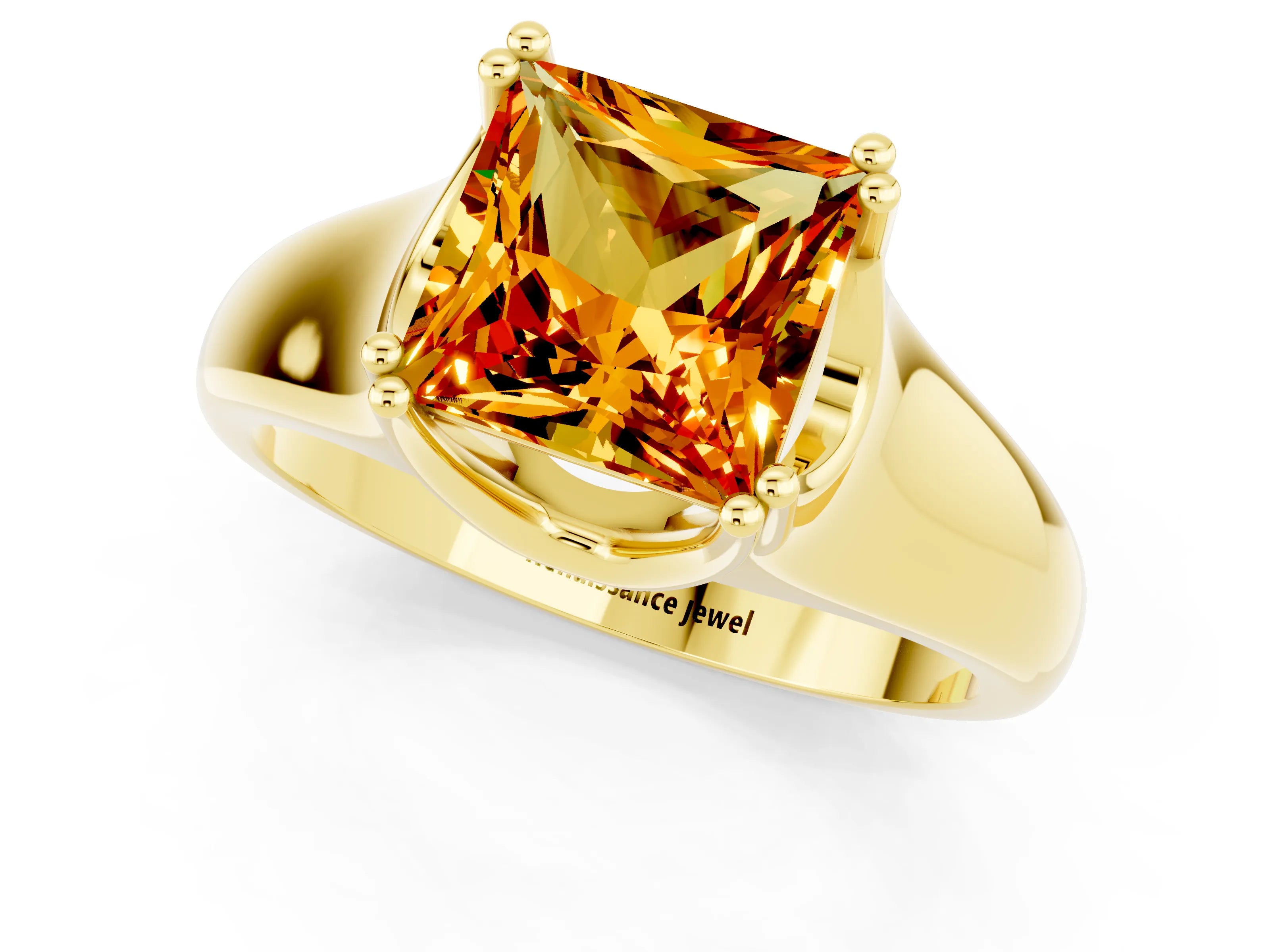 Yellow gold Princess Cut Citrine Solitaire Ring with Wide Band and Prong Setting_1