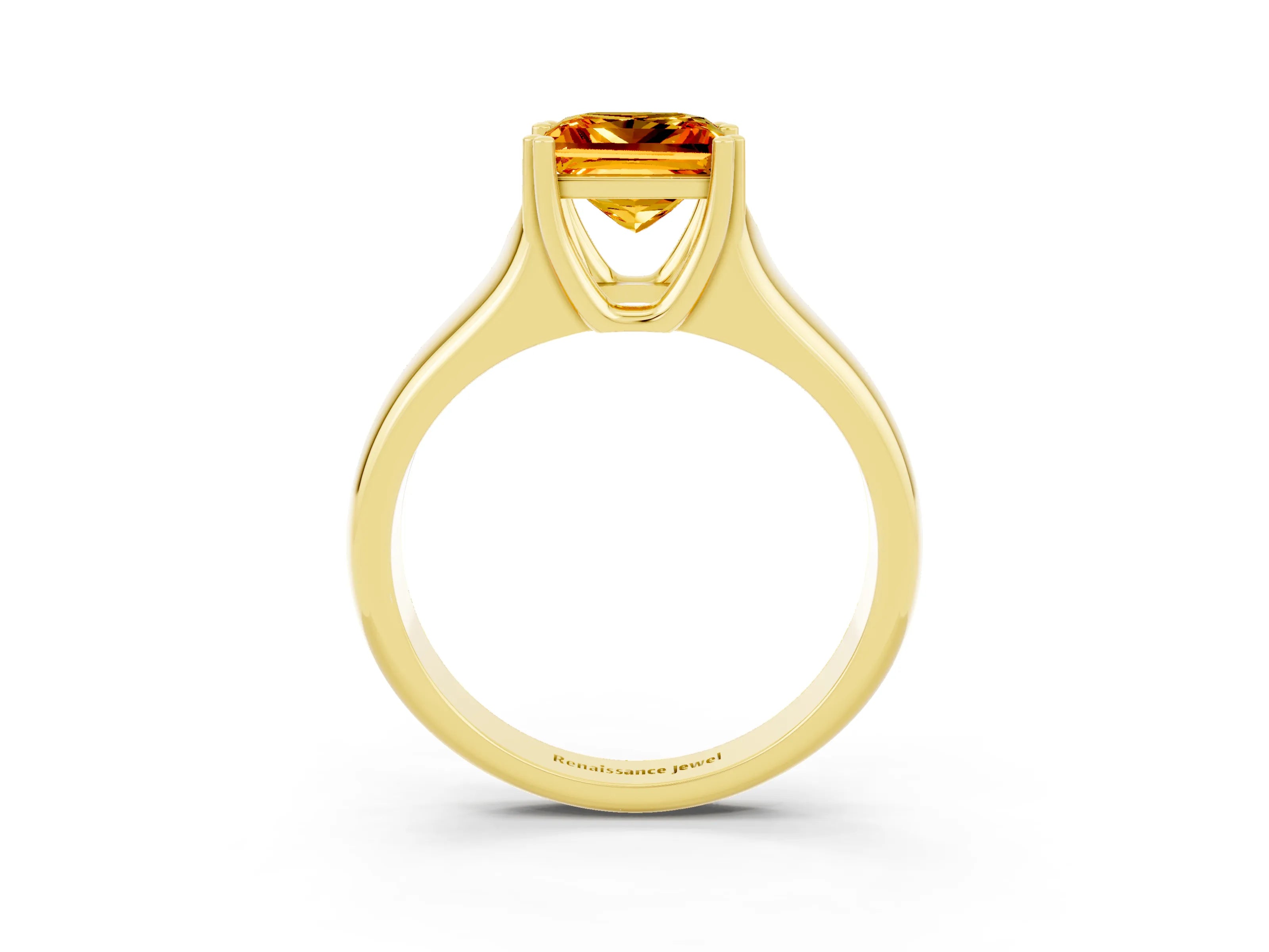 Yellow gold Princess Cut Citrine Solitaire Ring with Wide Band and Prong Setting_3