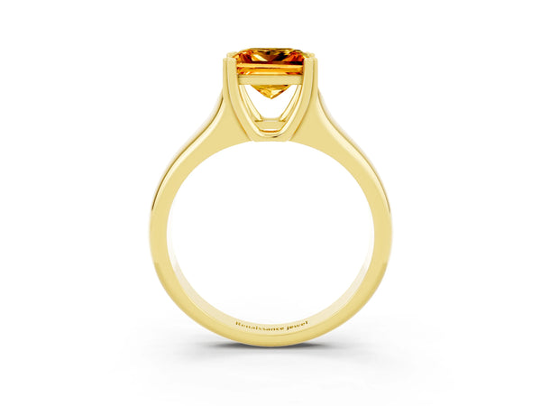 Yellow gold Princess Cut Citrine Solitaire Ring with Wide Band and Prong Setting