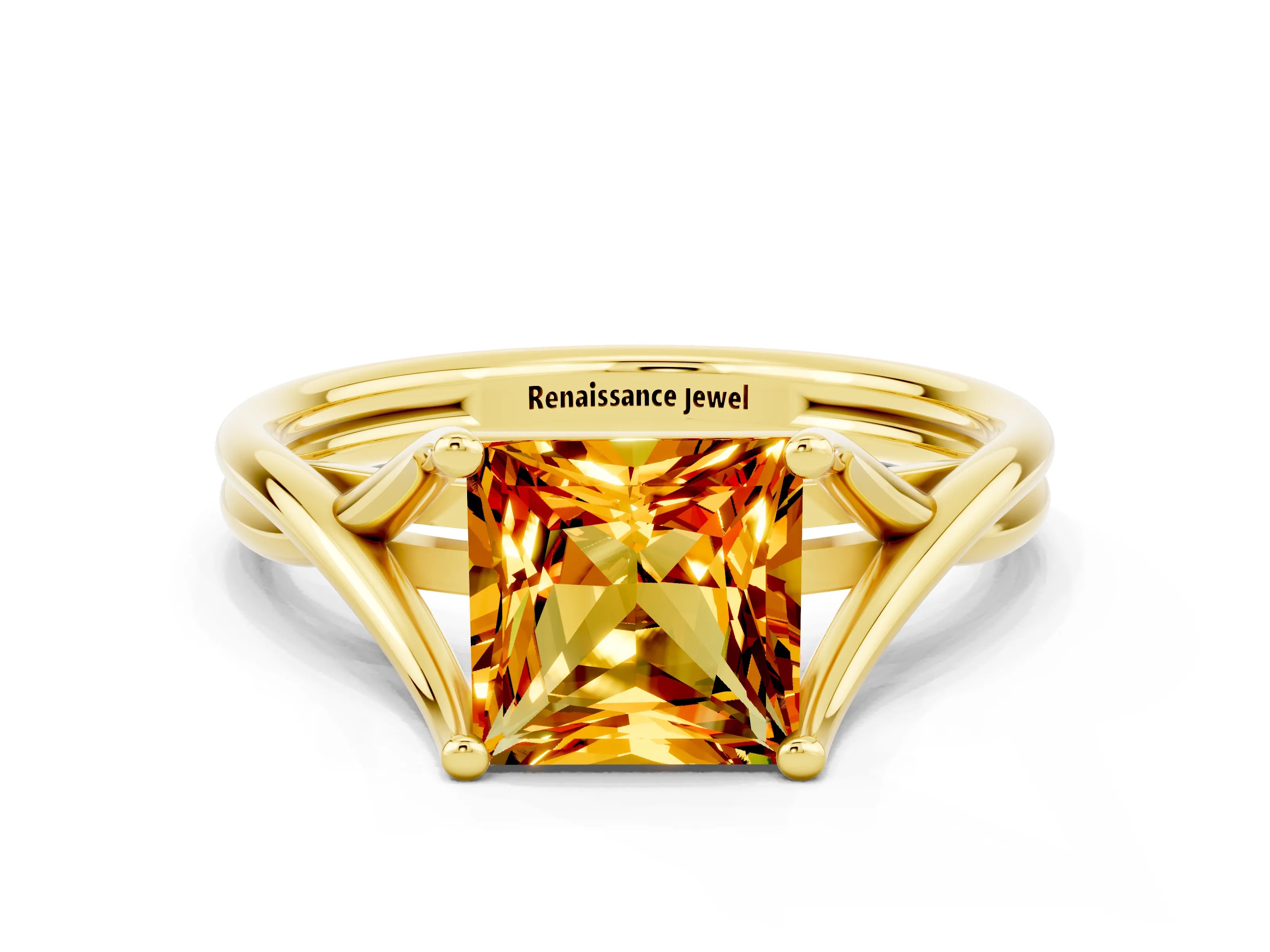 Yellow gold Princess Cut Citrine Solitaire Twist Band Prong Setting Ring_58