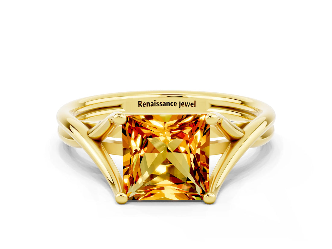 Yellow gold Princess Cut Citrine Solitaire Twist Band Prong Setting Ring_58