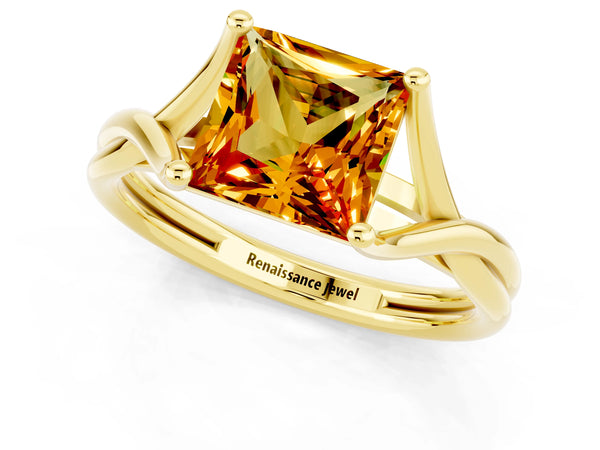 Yellow gold Princess Cut Citrine Solitaire Twist Band Prong Setting Ring