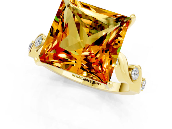 Yellow gold Princess Cut Citrine Solitaire Twisted Band with Round  Accents and Prong Setting
