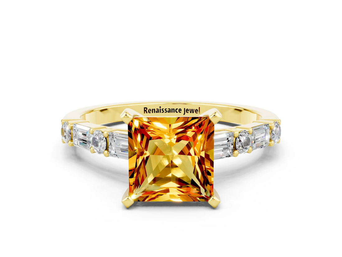 Yellow gold Princess Cut Citrine Solitaire with Side Baguettes and Channel Set Band