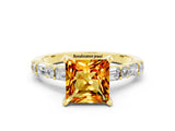 Yellow gold Princess Cut Citrine Solitaire with Side Baguettes and Channel Set Band