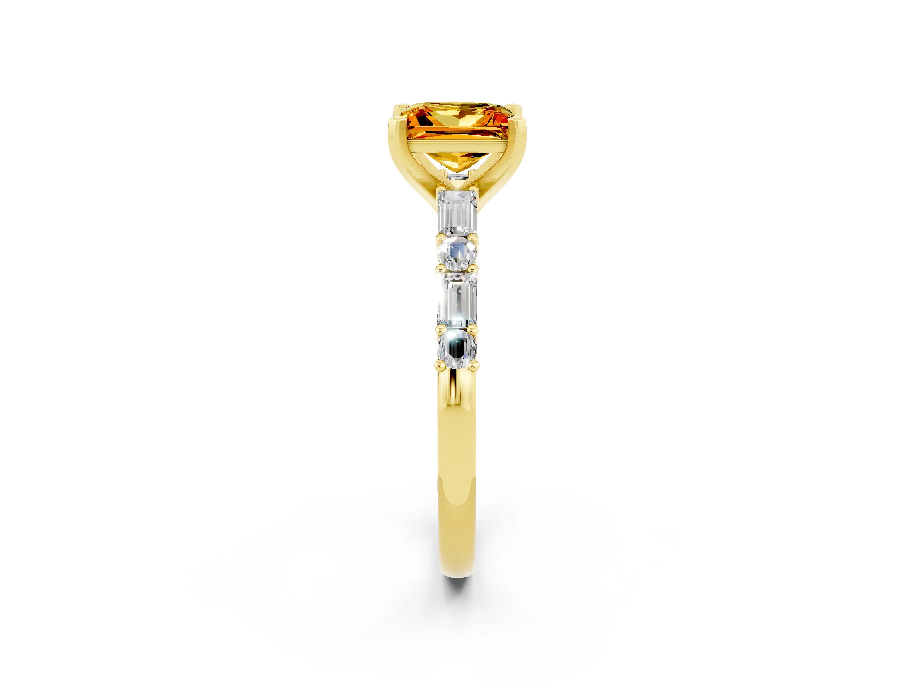 Yellow gold Princess Cut Citrine Solitaire with Side Baguettes and Channel Set Band_2
