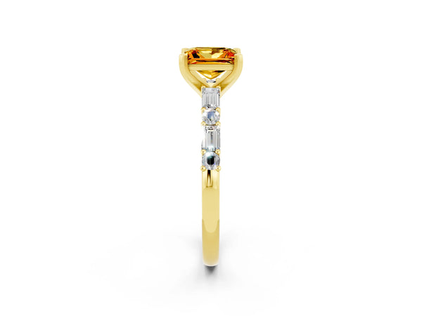 Yellow gold Princess Cut Citrine Solitaire with Side Baguettes and Channel Set Band