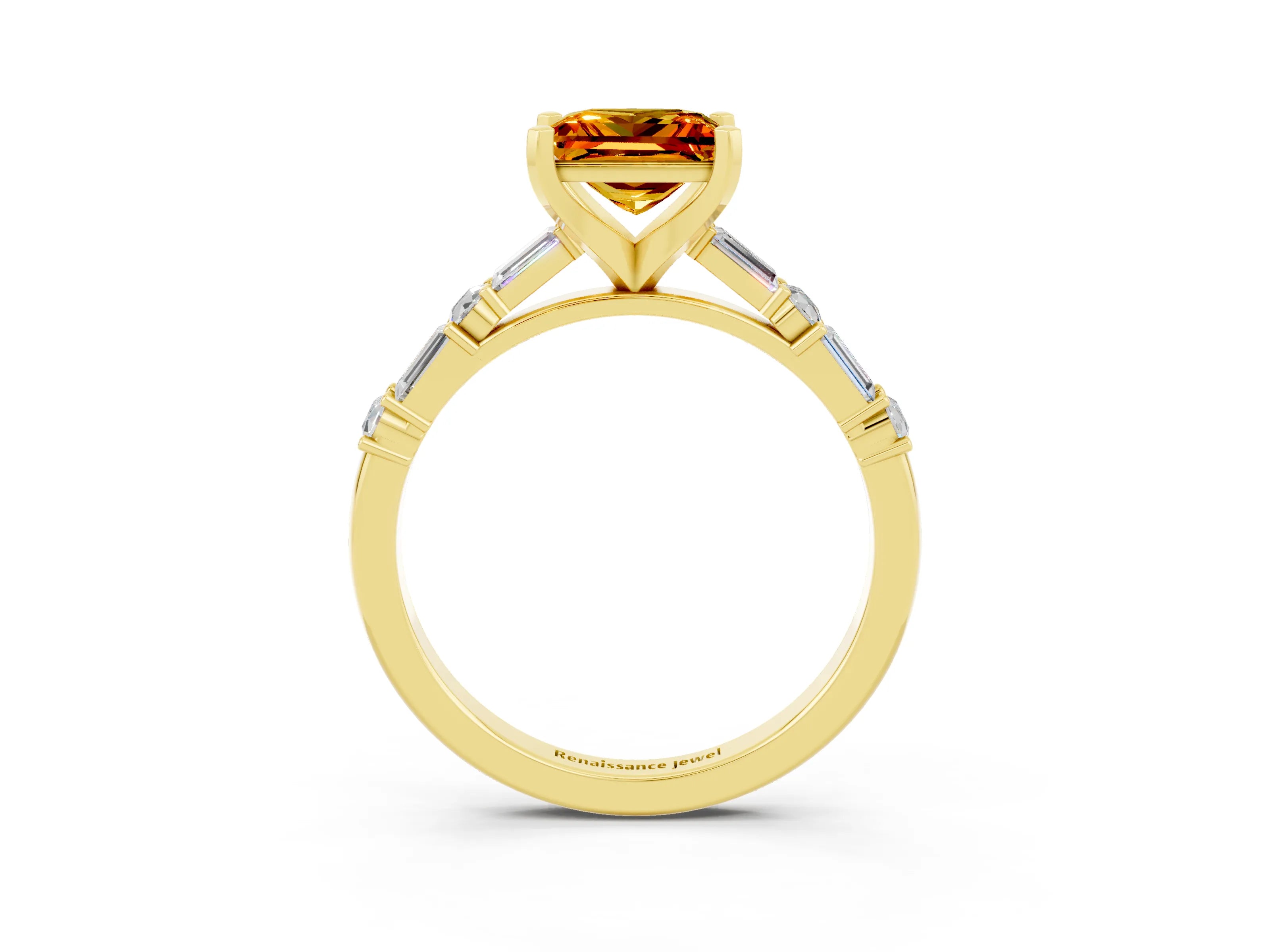 Yellow gold Princess Cut Citrine Solitaire with Side Baguettes and Channel Set Band_3