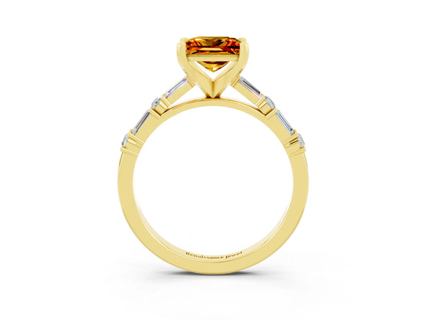 Yellow gold Princess Cut Citrine Solitaire with Side Baguettes and Channel Set Band
