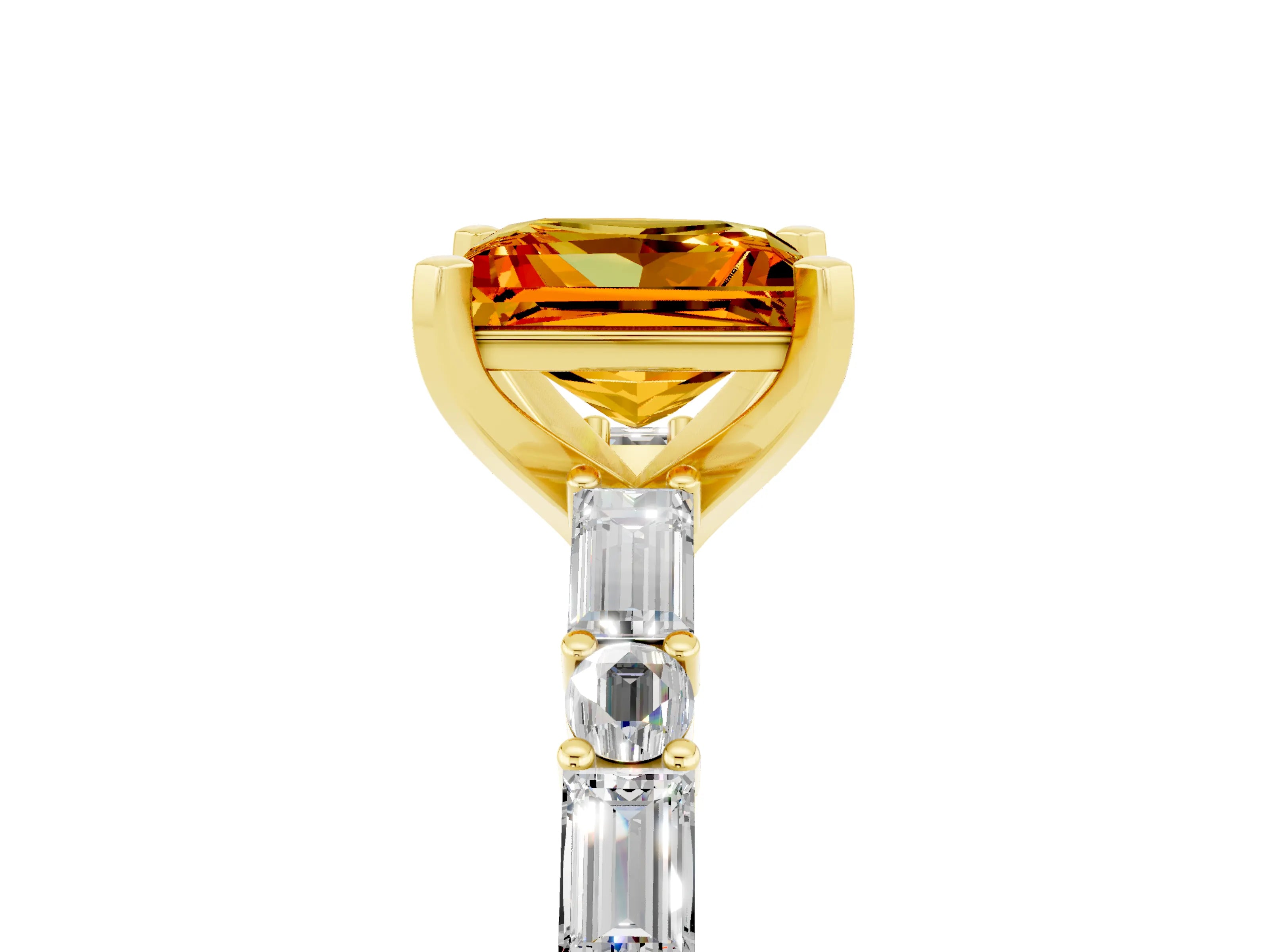 Yellow gold Princess Cut Citrine Solitaire with Side Baguettes and Channel Set Band_5