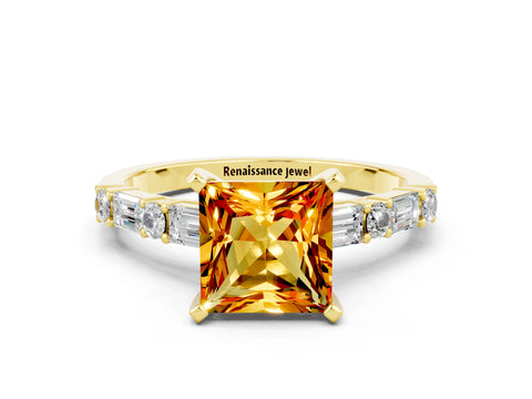 Yellow gold Princess Cut Citrine Solitaire with Side Baguettes and Channel Set Band