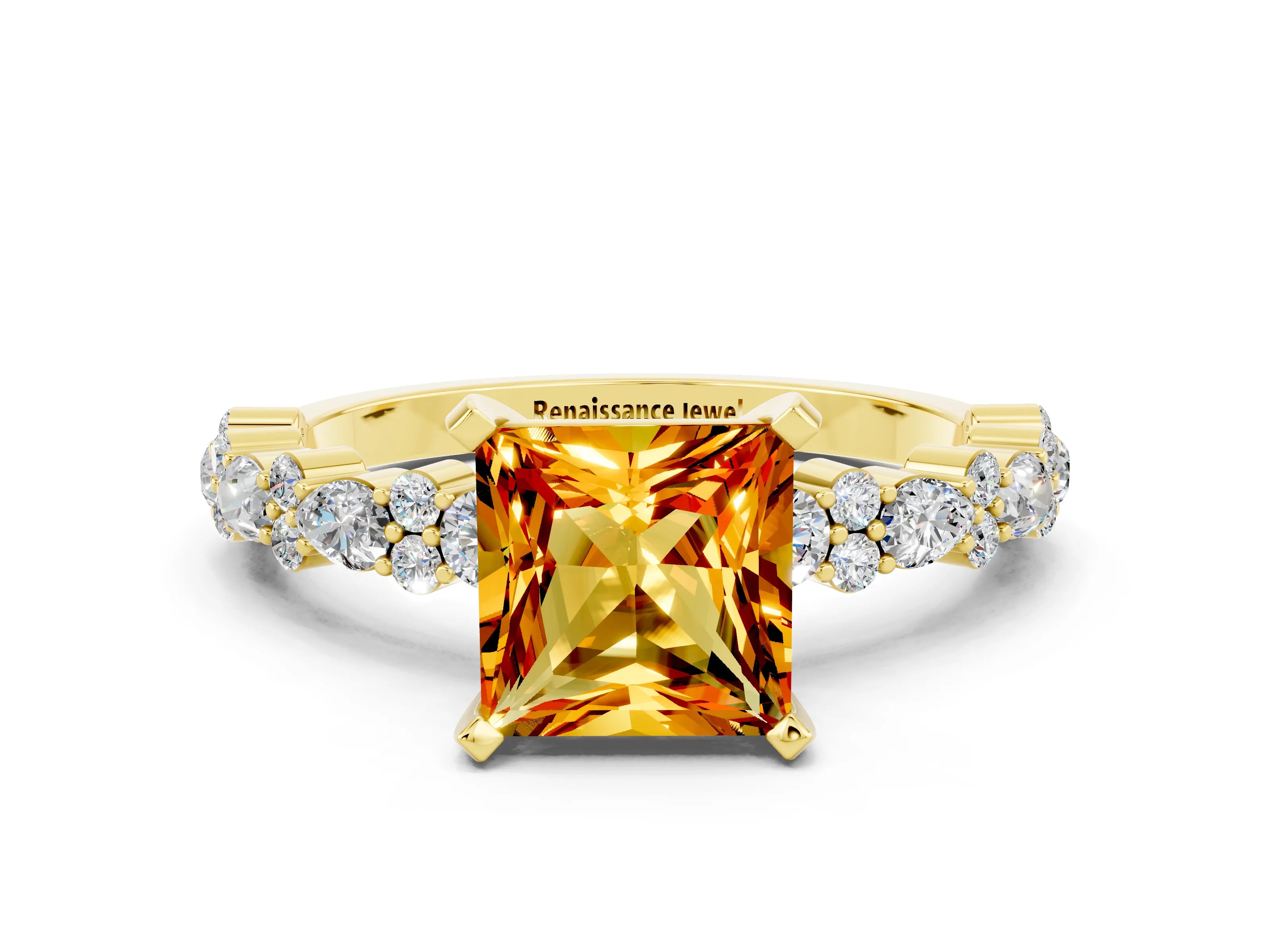 Yellow gold Princess Cut Citrine Solitaire with Side Stones, Pave Band, Four-Prong Setting_36