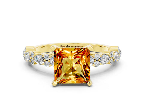 Yellow gold Princess Cut Citrine Solitaire with Side Stones, Pave Band, Four-Prong Setting_36
