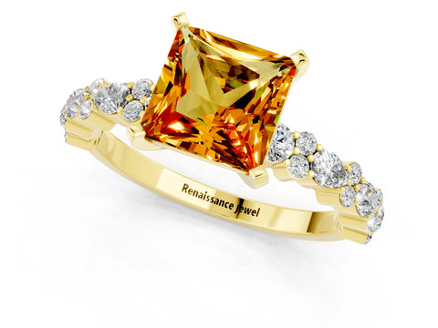 Yellow gold Princess Cut Citrine Solitaire with Side Stones, Pave Band, Four-Prong Setting_37