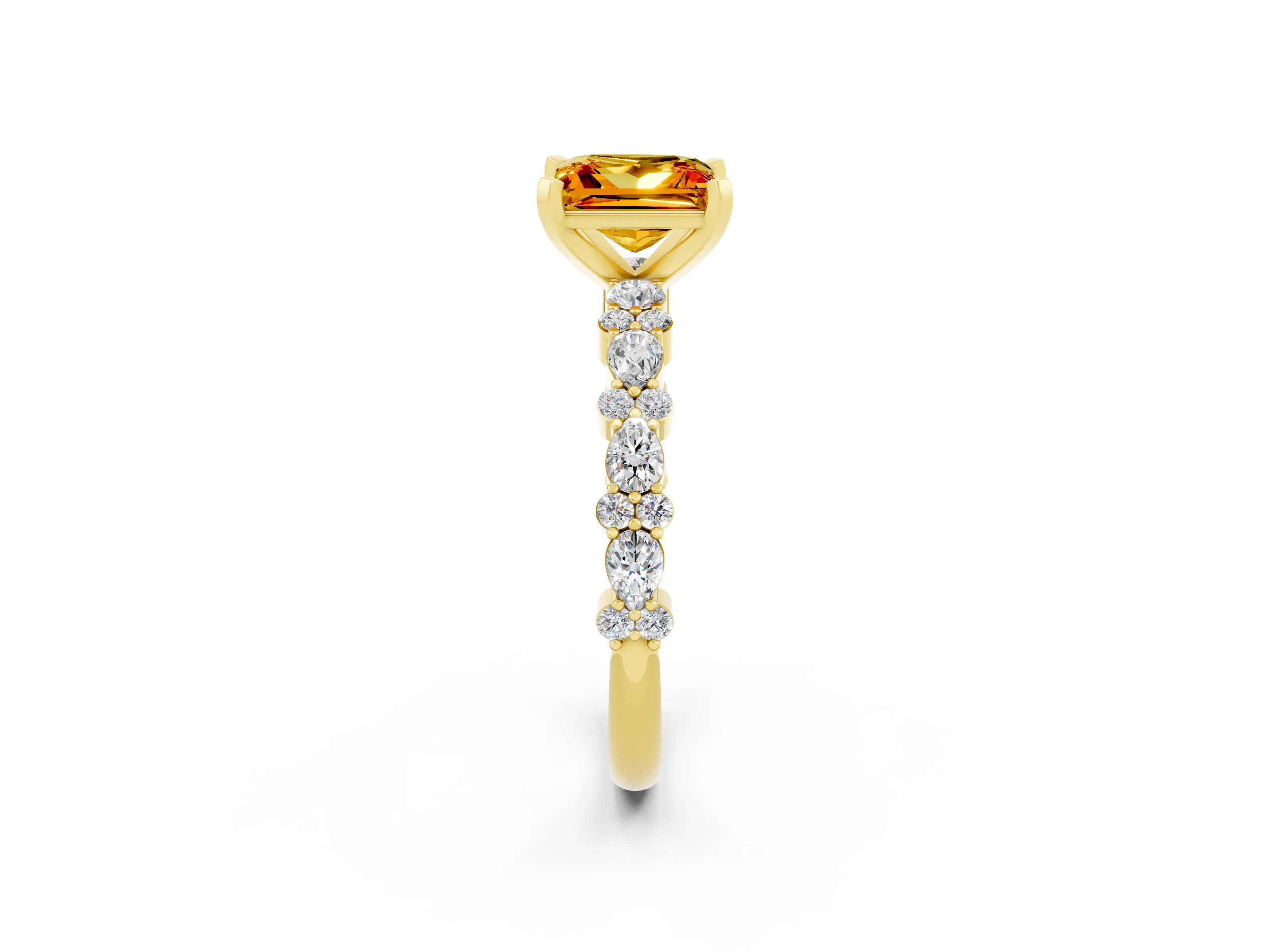 Yellow gold Princess Cut Citrine Solitaire with Side Stones, Pave Band, Four-Prong Setting_38