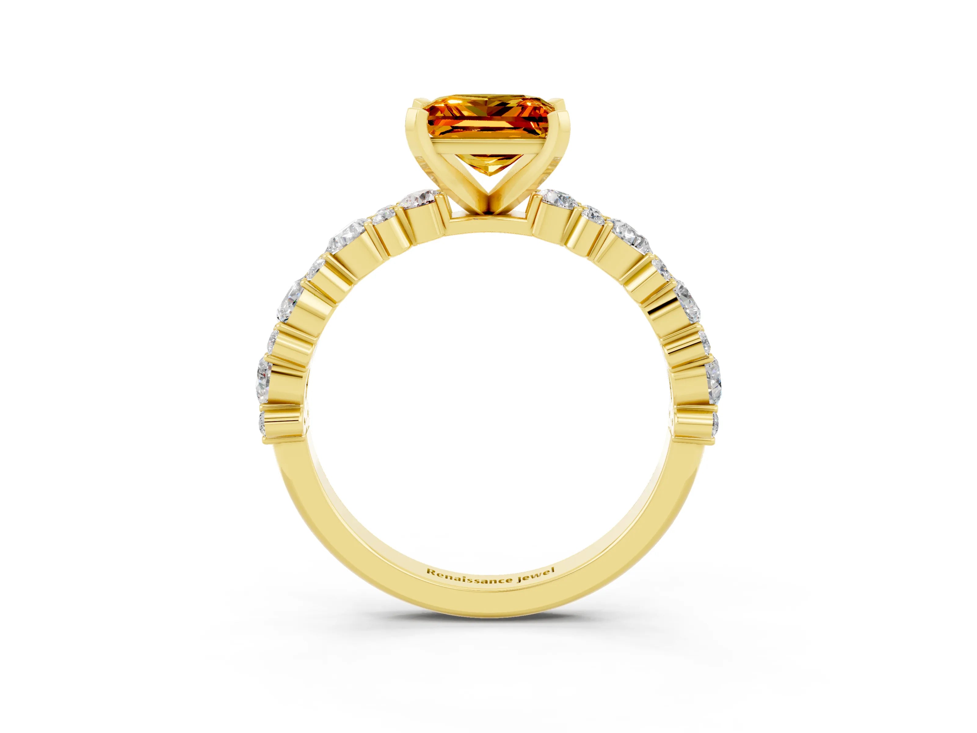 Yellow gold Princess Cut Citrine Solitaire with Side Stones, Pave Band, Four-Prong Setting_39