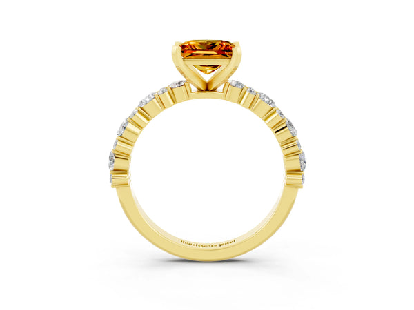 Yellow gold Princess Cut Citrine Side Stone Solitaire Ring with Round  and Four-Prong Setting