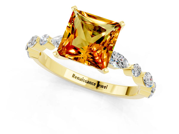 Yellow gold Princess Cut Citrine Ring with Marquise and Round  Side Stones and Four-Prong Setting