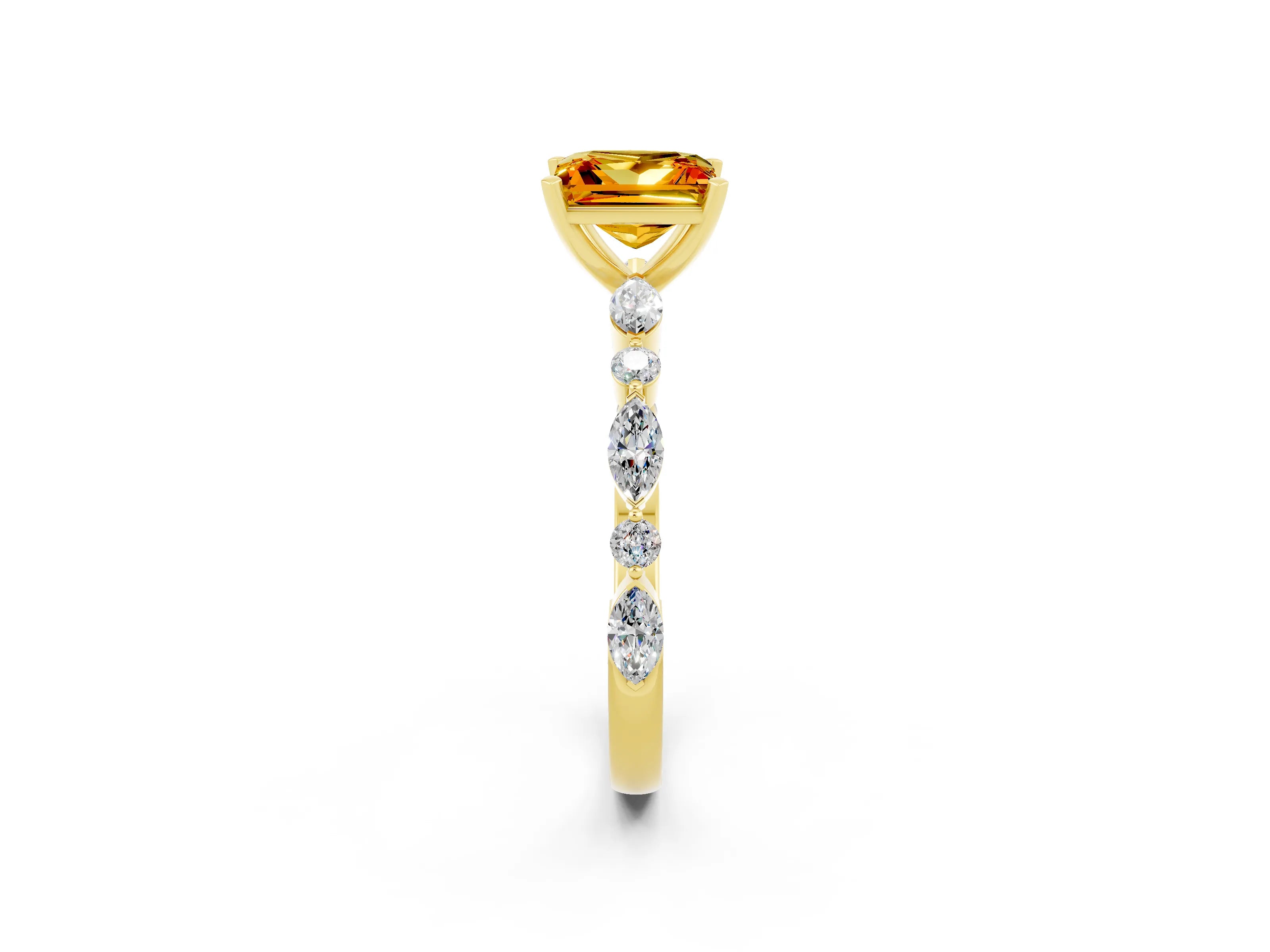Yellow gold Princess Cut Citrine Solitaire with Side Stones on a Pavé Band and Four-Prong Setting_2