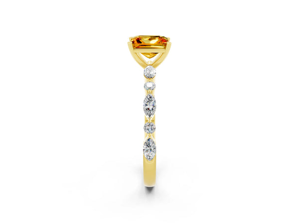 Yellow gold Princess Cut Citrine Ring with Marquise and Round  Side Stones and Four-Prong Setting