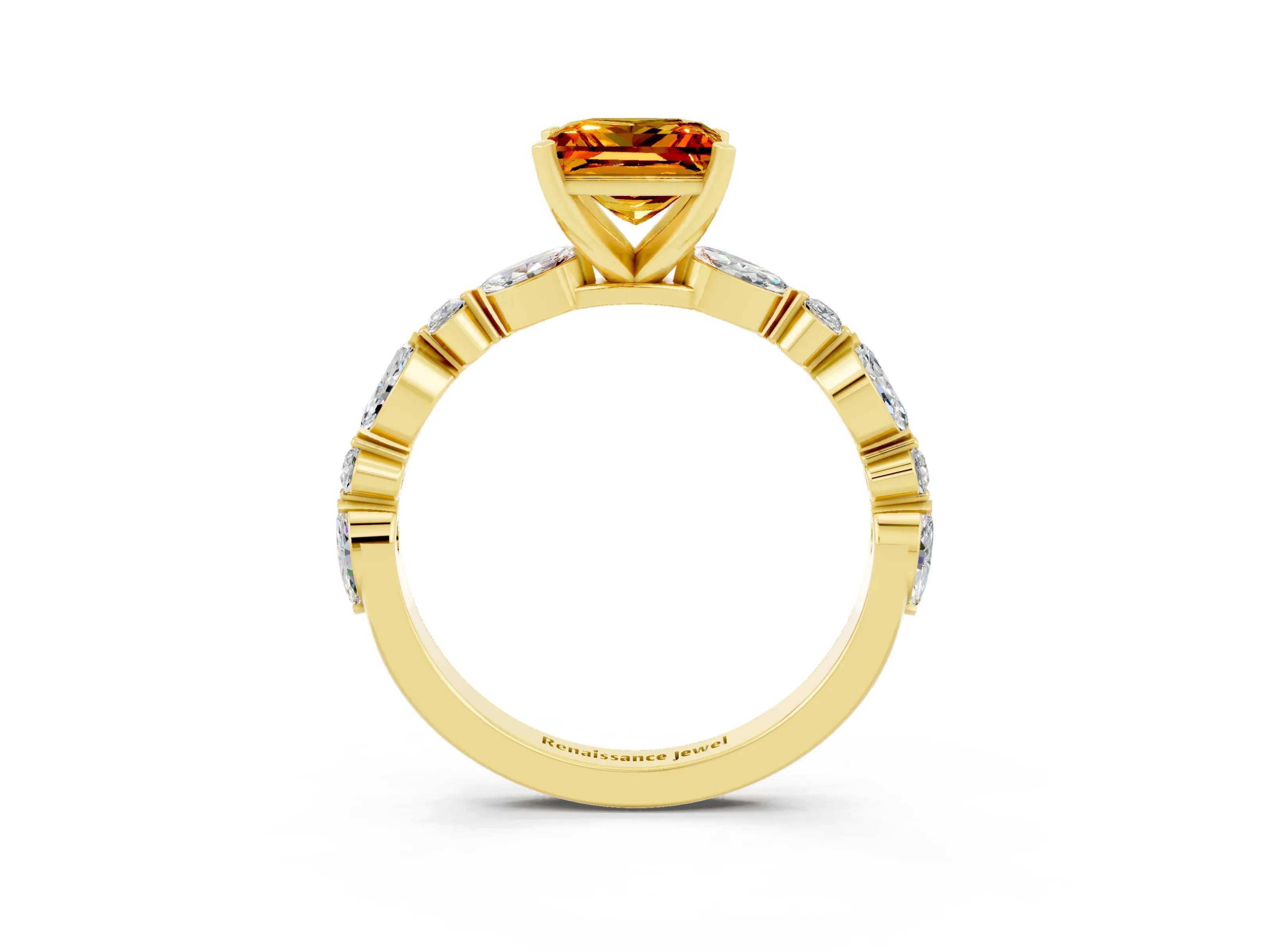 Yellow gold Princess Cut Citrine Solitaire with Side Stones on a Pavé Band and Four-Prong Setting_3