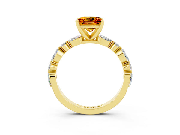 Yellow gold Princess Cut Citrine Ring with Marquise and Round  Side Stones and Four-Prong Setting