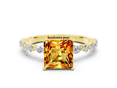 Yellow gold Princess Cut Citrine Solitaire with Side Stones on a Pavé Band and Four-Prong Setting