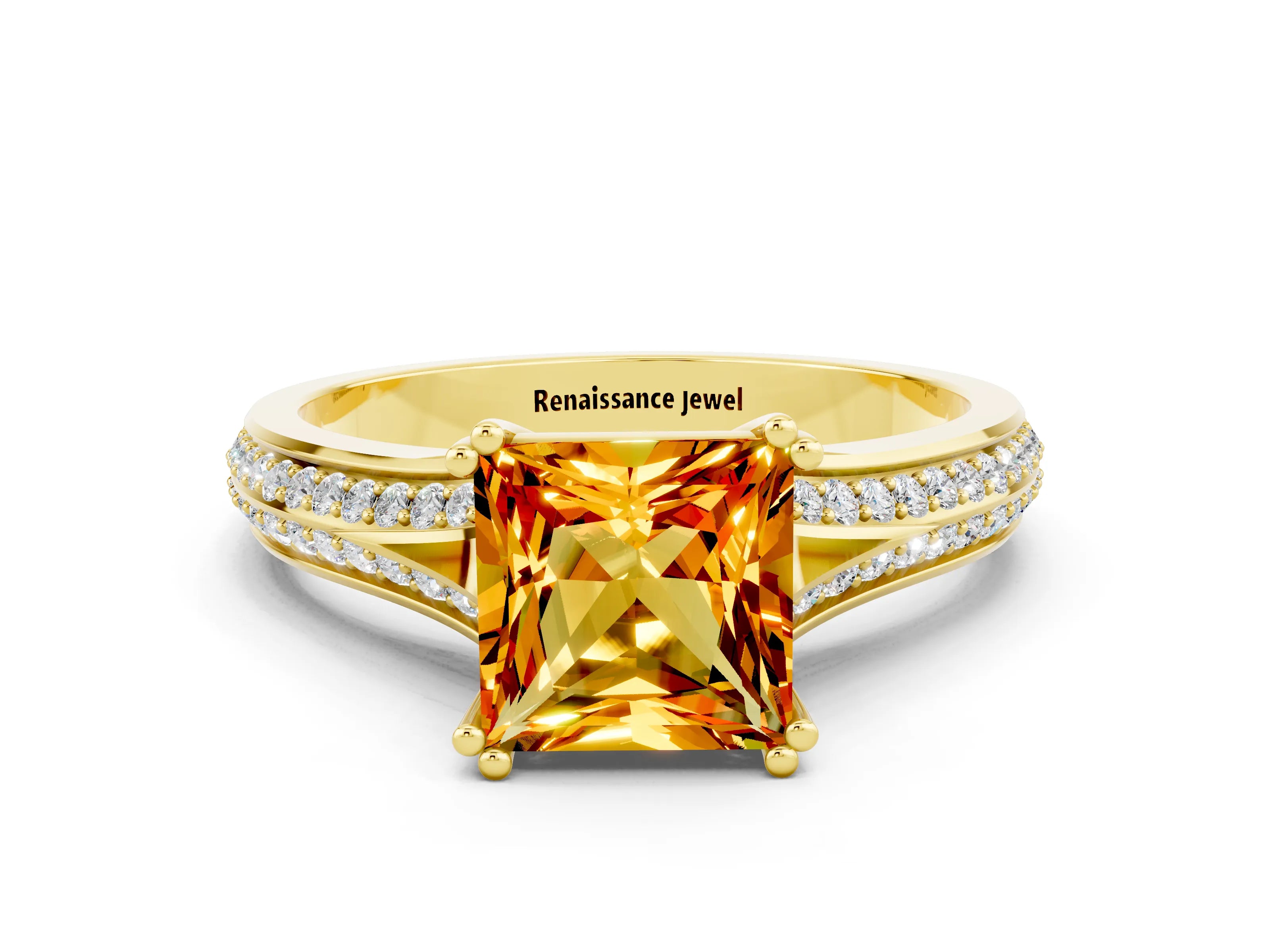 Yellow gold Princess Cut Citrine Split Shank Engagement Ring with Pavé Band