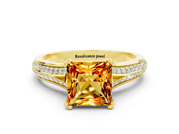 Yellow gold Princess Cut Citrine Split Shank Engagement Ring with Pavé Band