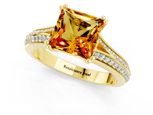 Yellow gold Princess Cut Citrine Split Shank Engagement Ring with Pavé Band