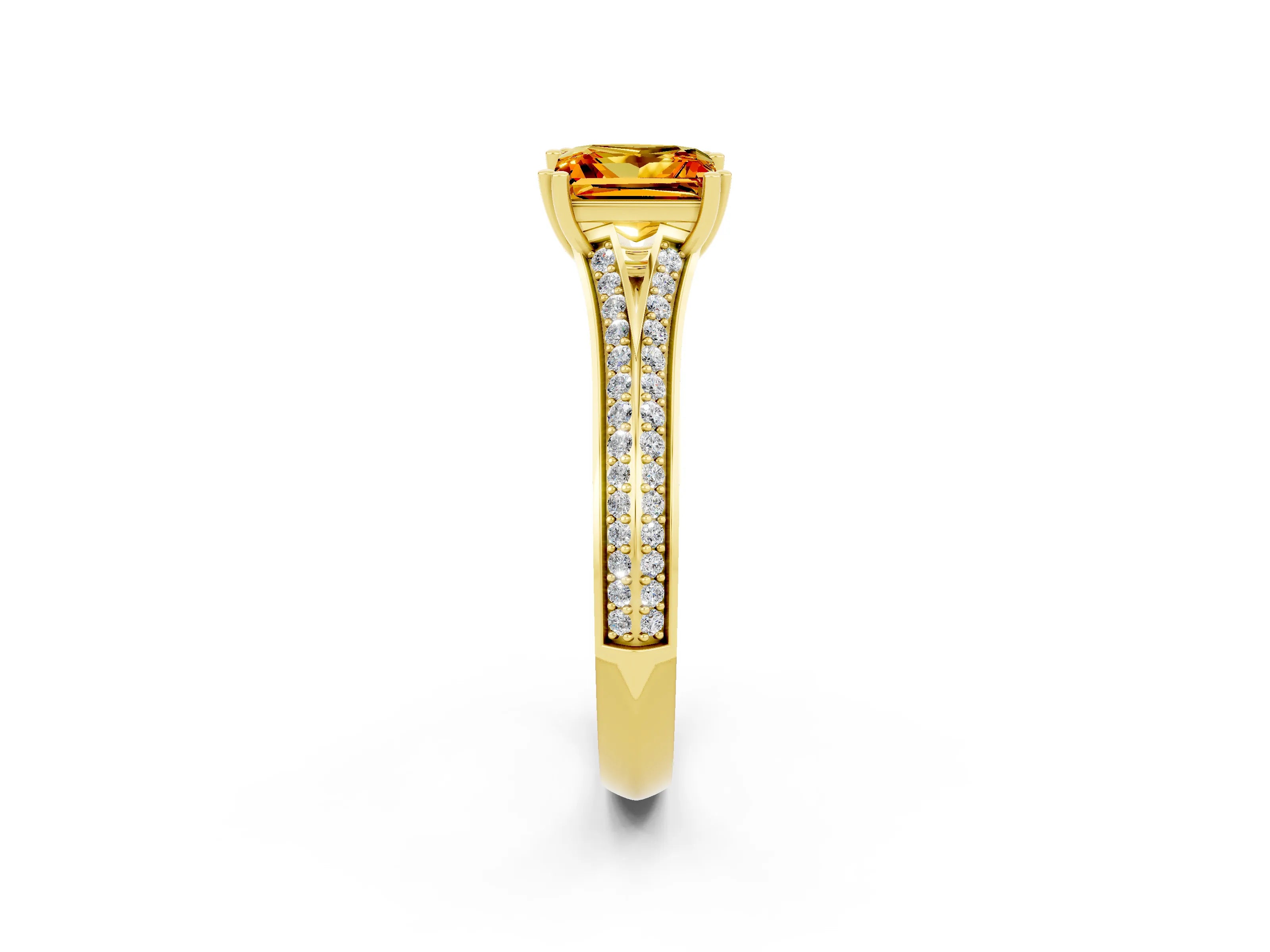 Yellow gold Princess Cut Citrine Split Shank Engagement Ring with Pavé Band_2
