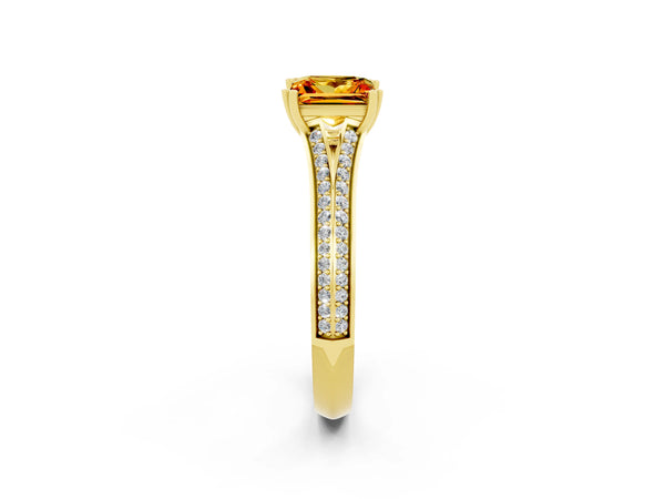 Yellow gold Princess Cut Citrine Split Shank Engagement Ring with Pavé Band