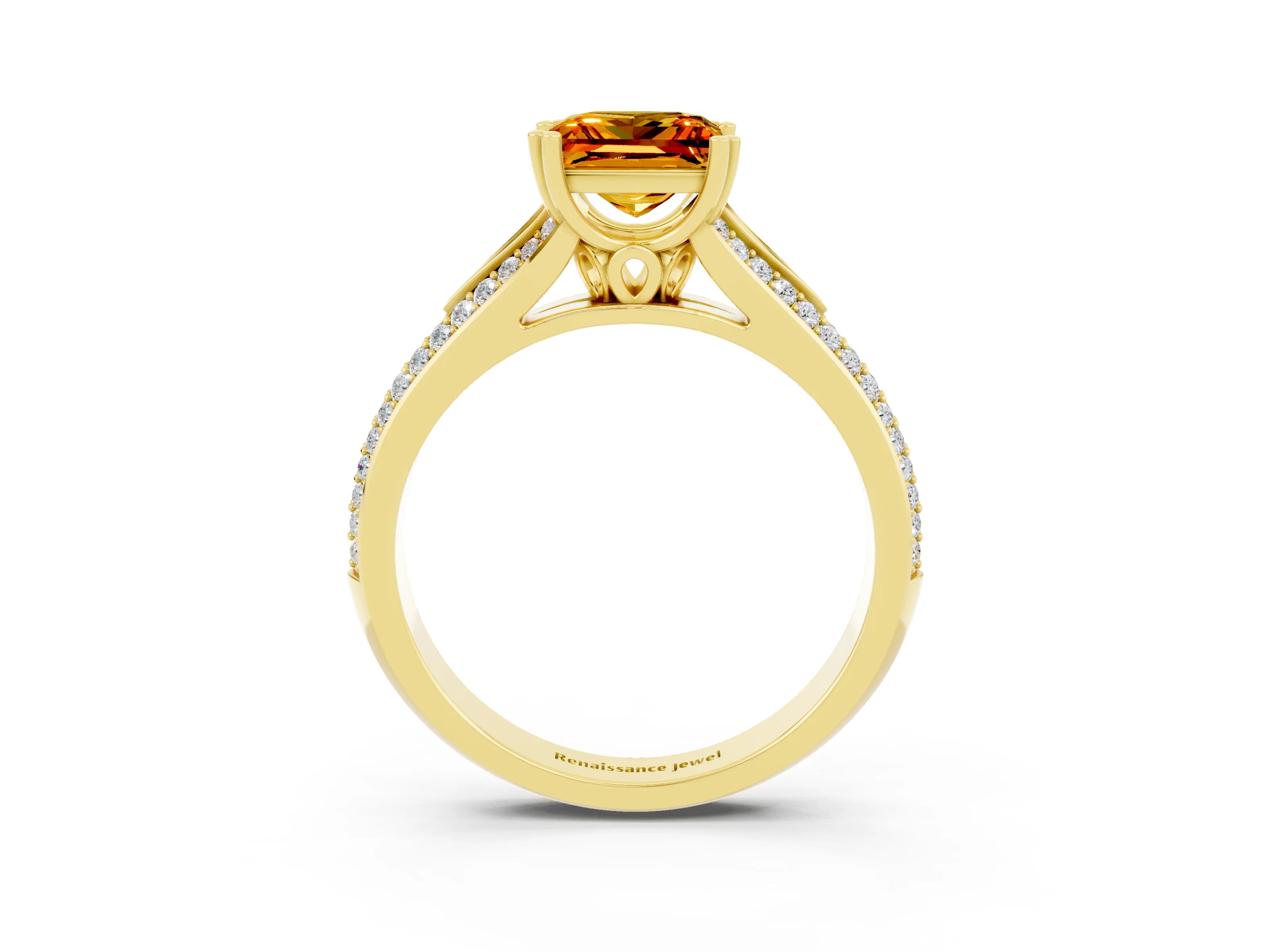 Yellow gold Princess Cut Citrine Split Shank Engagement Ring with Pavé Band_3