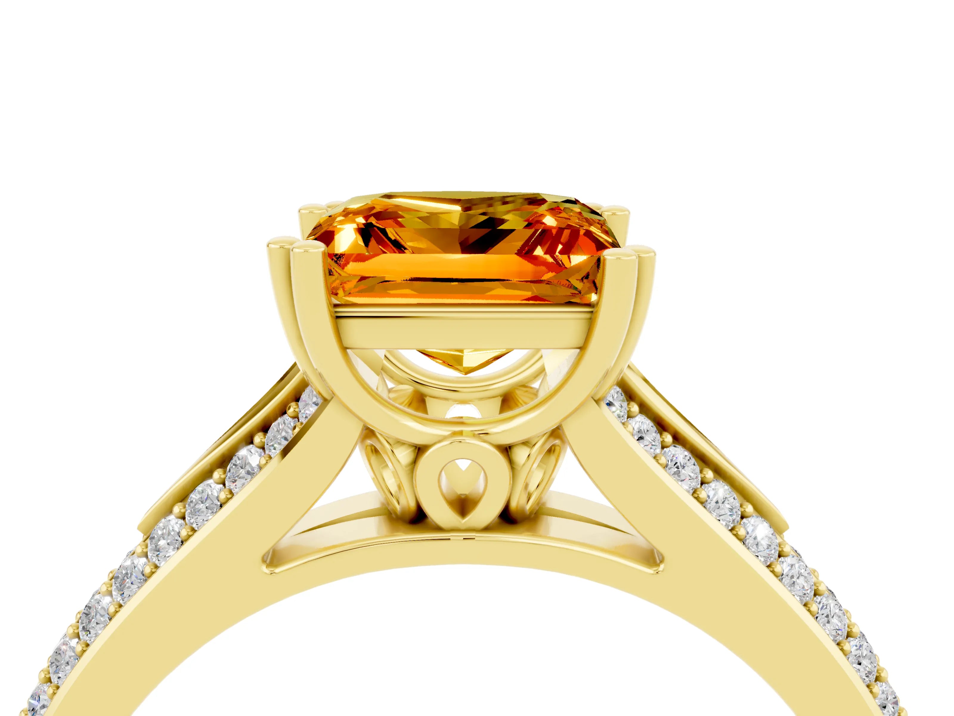 Yellow gold Princess Cut Citrine Split Shank Engagement Ring with Pavé Band_4